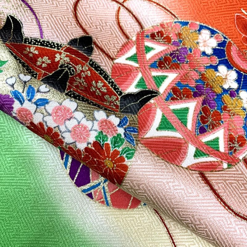 509ag34□七五三 七歳 女児 着物&袋帯 金彩 毬 糸車 蝶□美品