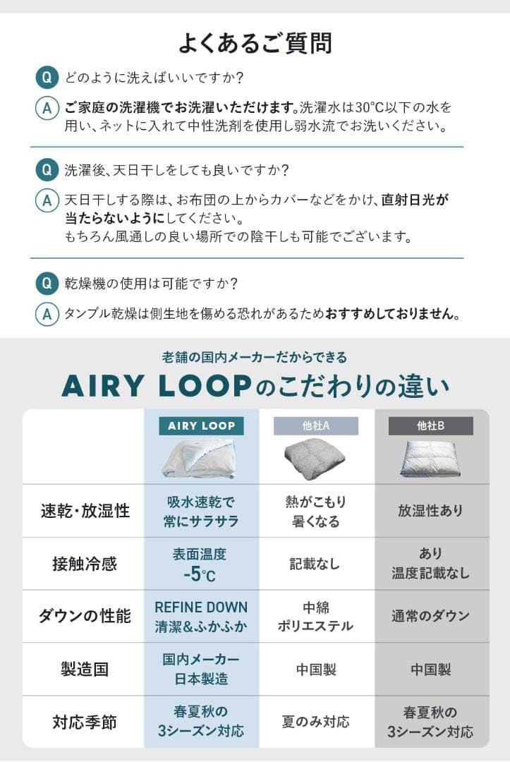AIRY LOOP 夏用掛け布団 ダブル 洗える・接触冷感・速乾 グレー