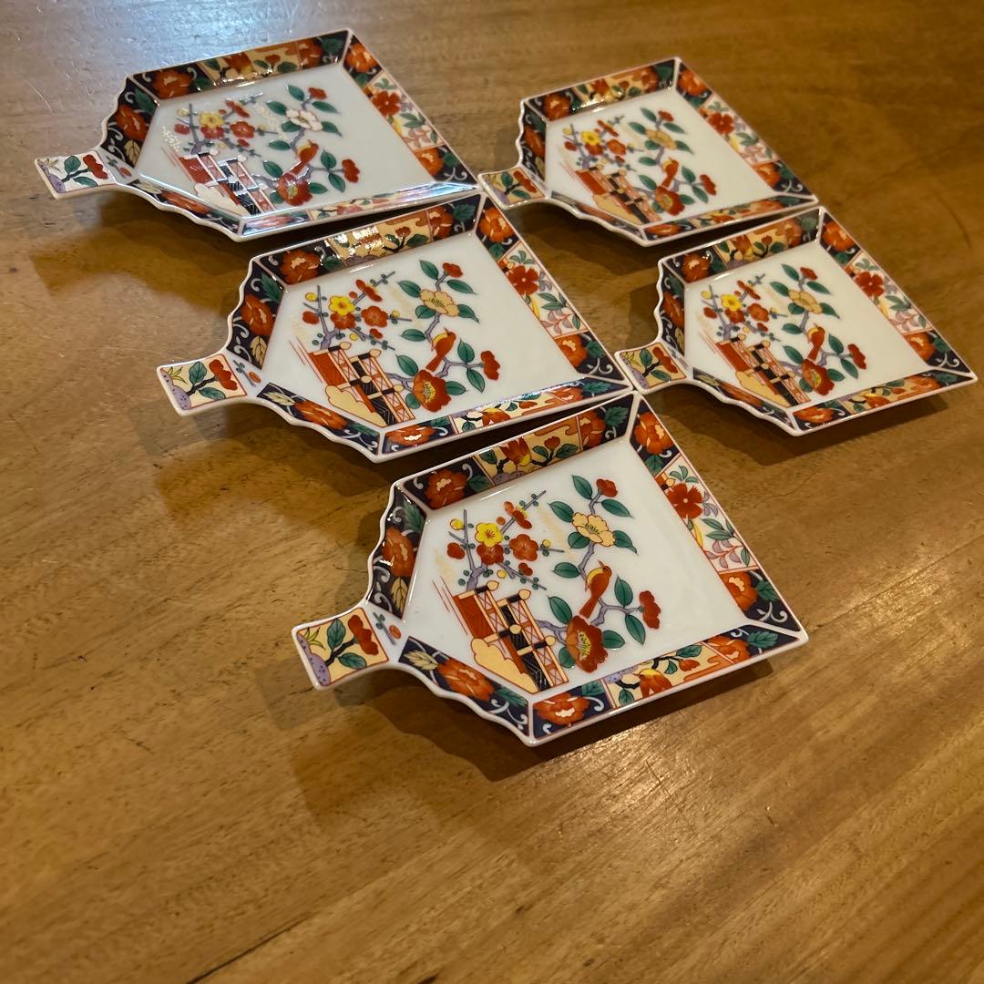 有田焼 醍醐窯　伊万里絵付　金彩花鳥文 羽子板皿　五枚