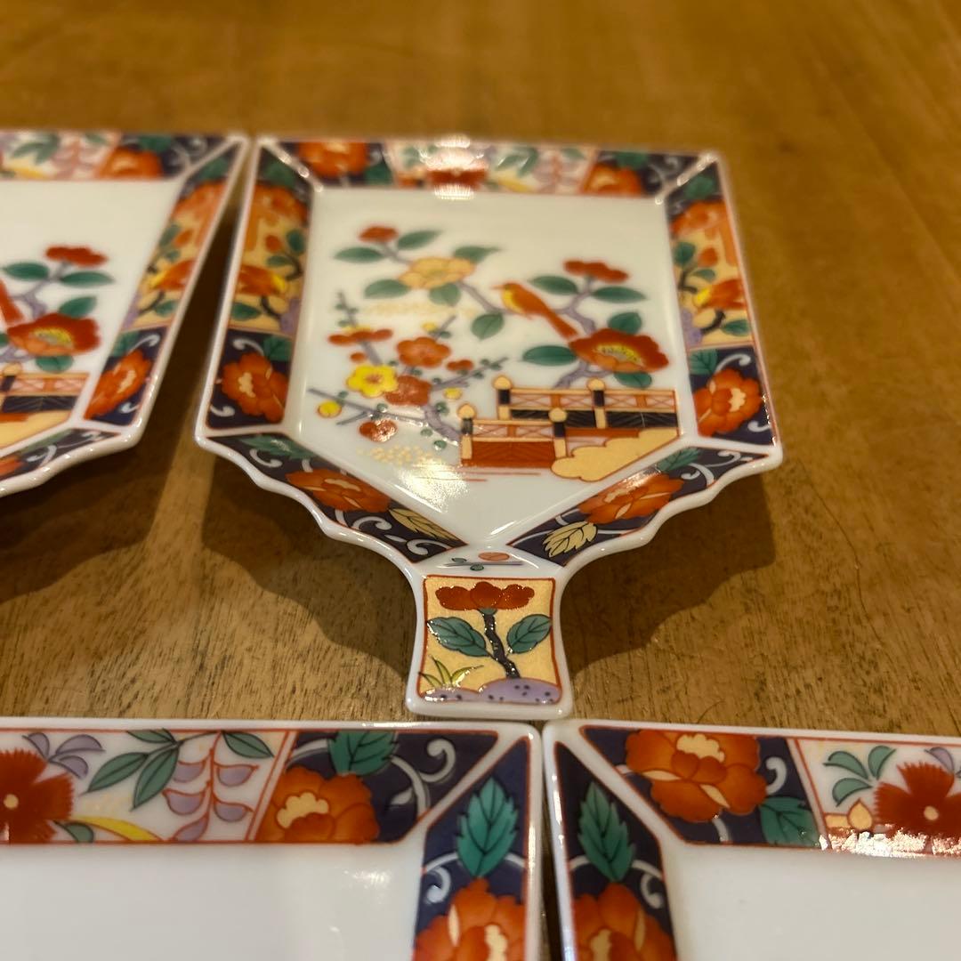 有田焼 醍醐窯　伊万里絵付　金彩花鳥文 羽子板皿　五枚