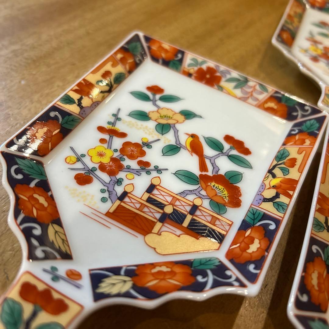 有田焼 醍醐窯　伊万里絵付　金彩花鳥文 羽子板皿　五枚