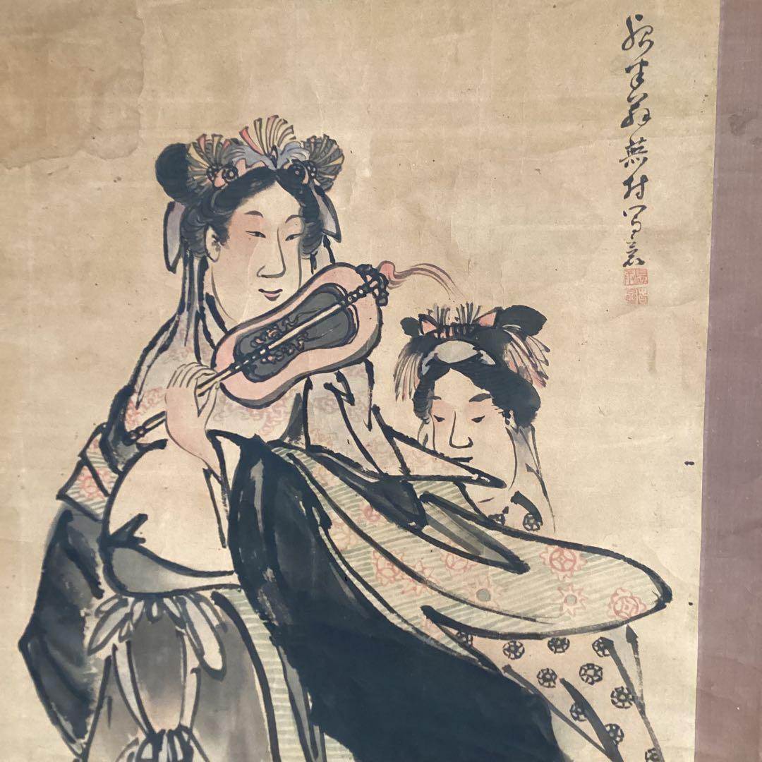 与謝蕪村　紙本彩色画　【　唐　美人画　】　軸先木　箱は池大雅鑑識箱をお付けします