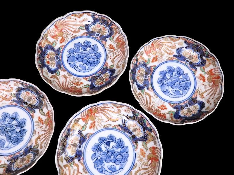 古伊万里　色絵　鳳凰に牡丹の図　４寸皿　５客　C381AS-CZc