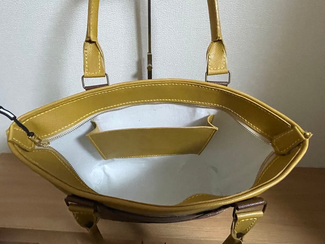 062.イエローとブラウンのトートバッグ 牛革 A4サイズ ハンドメイド