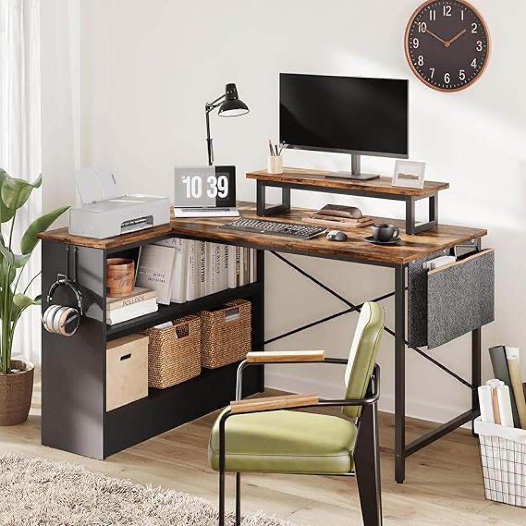 ビンテージ調L字型デスク 木製天板 金属フレーム