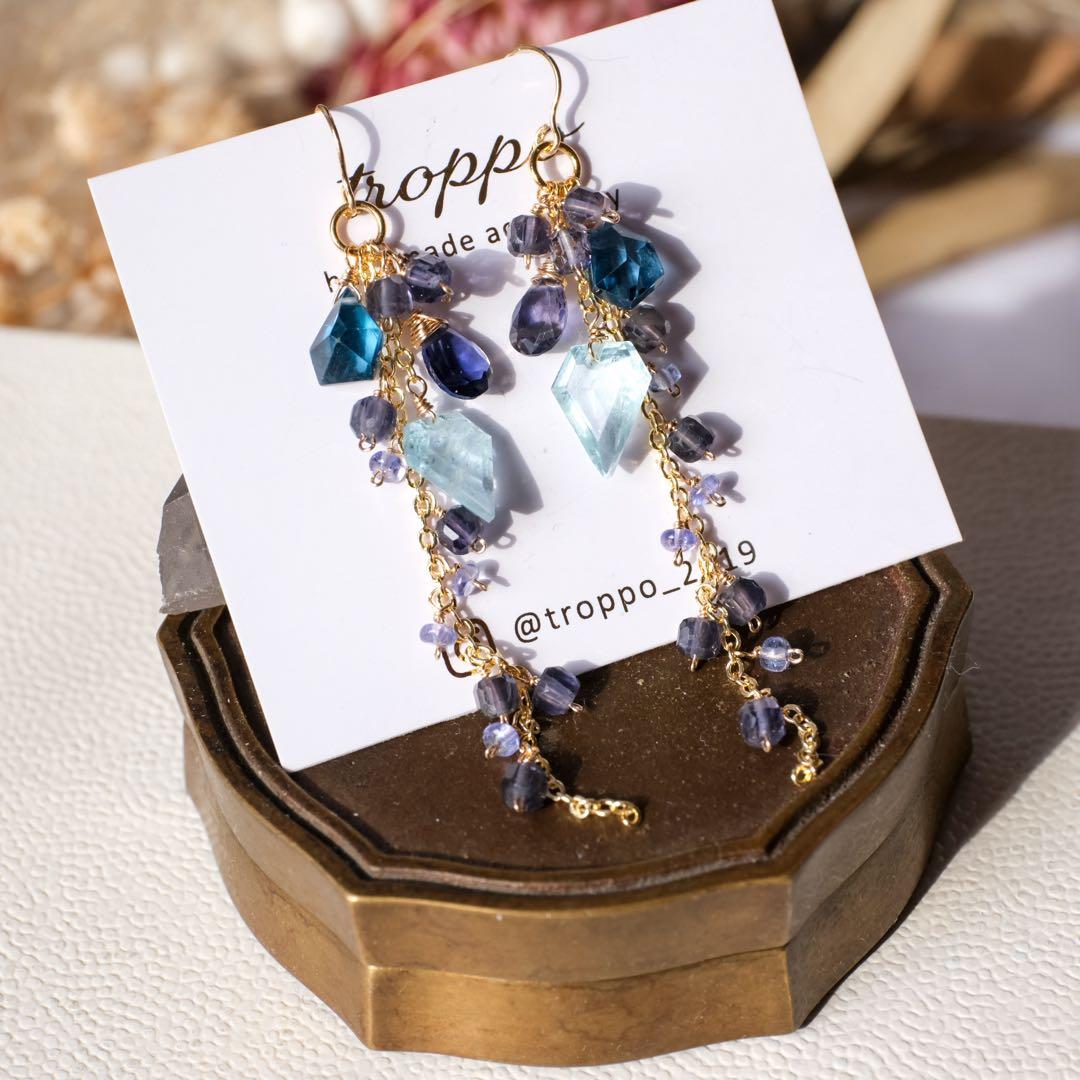 14kgfアクアマリンペンタゴン・ロンドンブルートパーズピアス/イヤリング