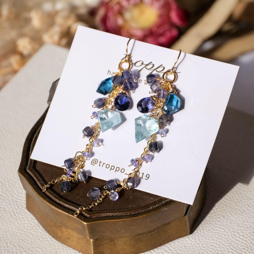 14kgfアクアマリンペンタゴン・ロンドンブルートパーズピアス/イヤリング