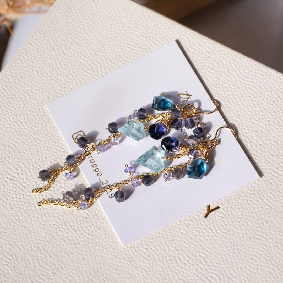 14kgfアクアマリンペンタゴン・ロンドンブルートパーズピアス/イヤリング