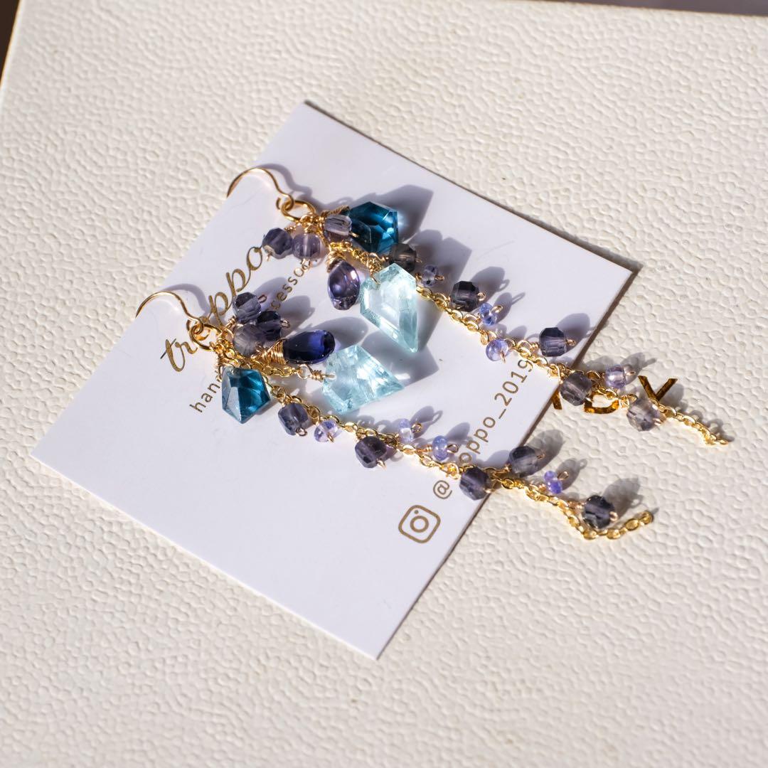 14kgfアクアマリンペンタゴン・ロンドンブルートパーズピアス/イヤリング