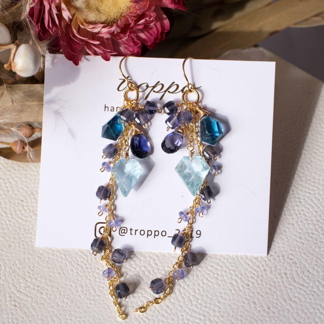 14kgfアクアマリンペンタゴン・ロンドンブルートパーズピアス/イヤリング