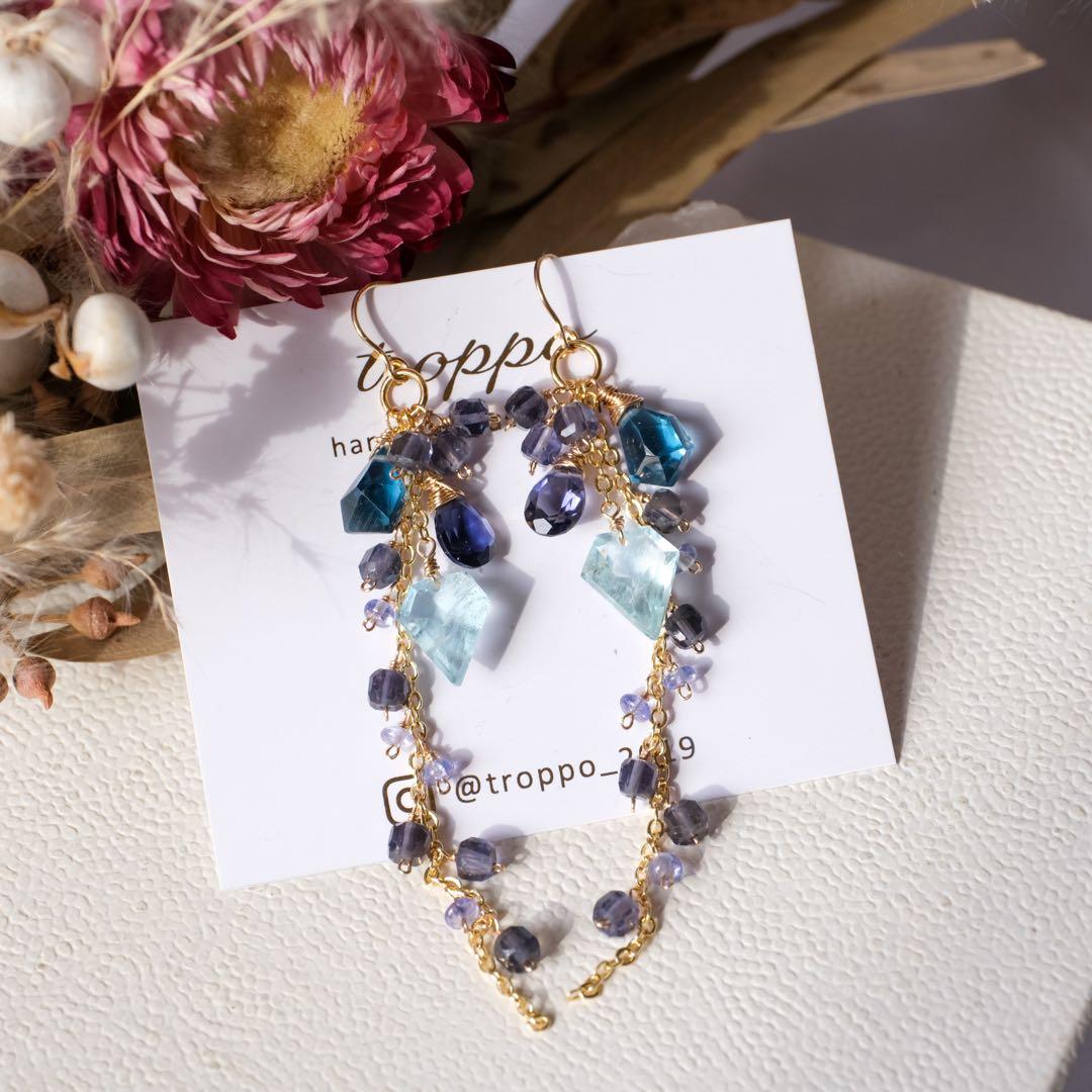 14kgfアクアマリンペンタゴン・ロンドンブルートパーズピアス/イヤリング