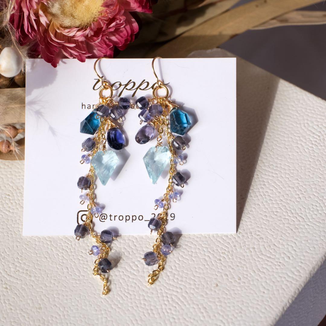 14kgfアクアマリンペンタゴン・ロンドンブルートパーズピアス/イヤリング