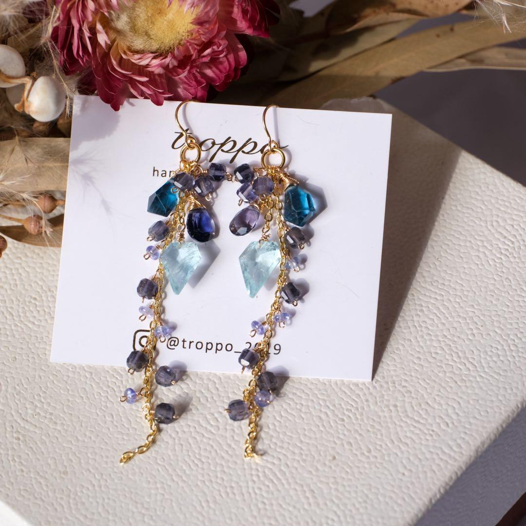 14kgfアクアマリンペンタゴン・ロンドンブルートパーズピアス/イヤリング