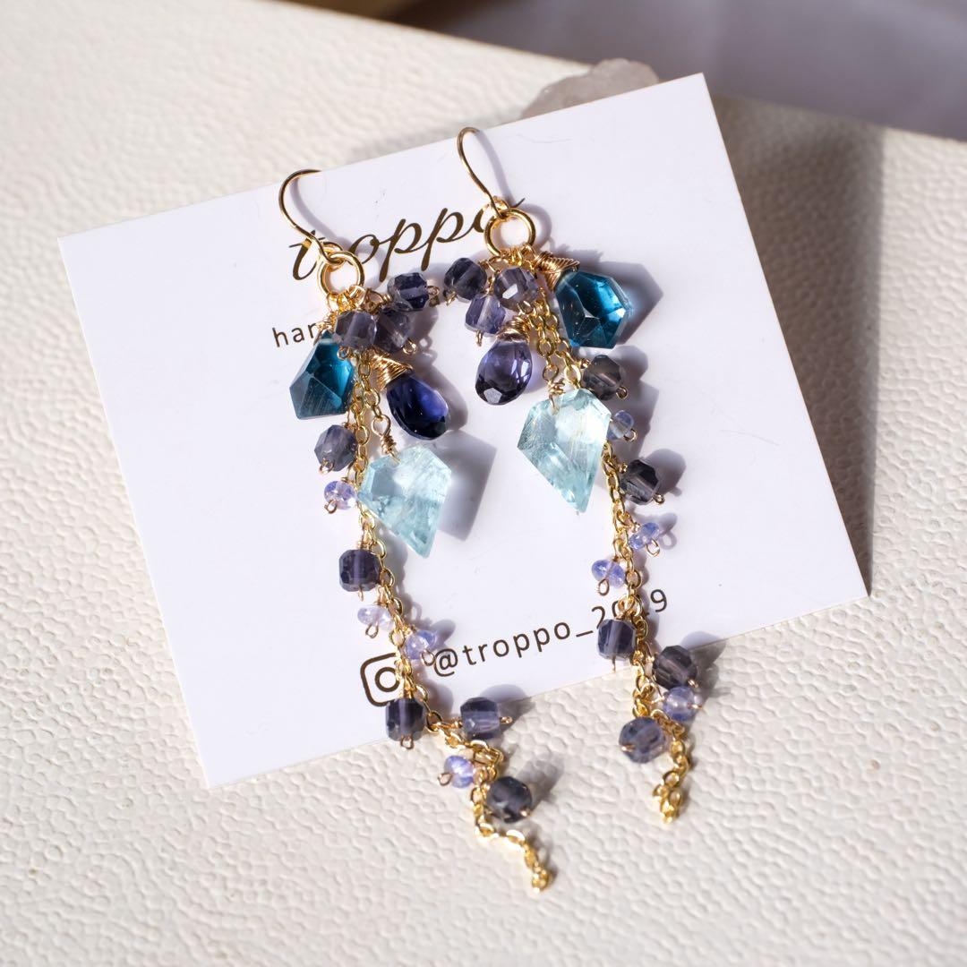 14kgfアクアマリンペンタゴン・ロンドンブルートパーズピアス/イヤリング