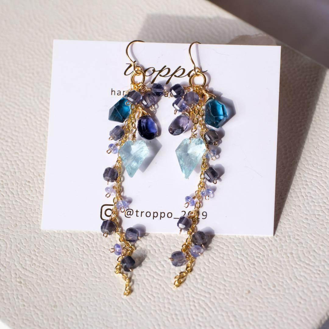 14kgfアクアマリンペンタゴン・ロンドンブルートパーズピアス/イヤリング