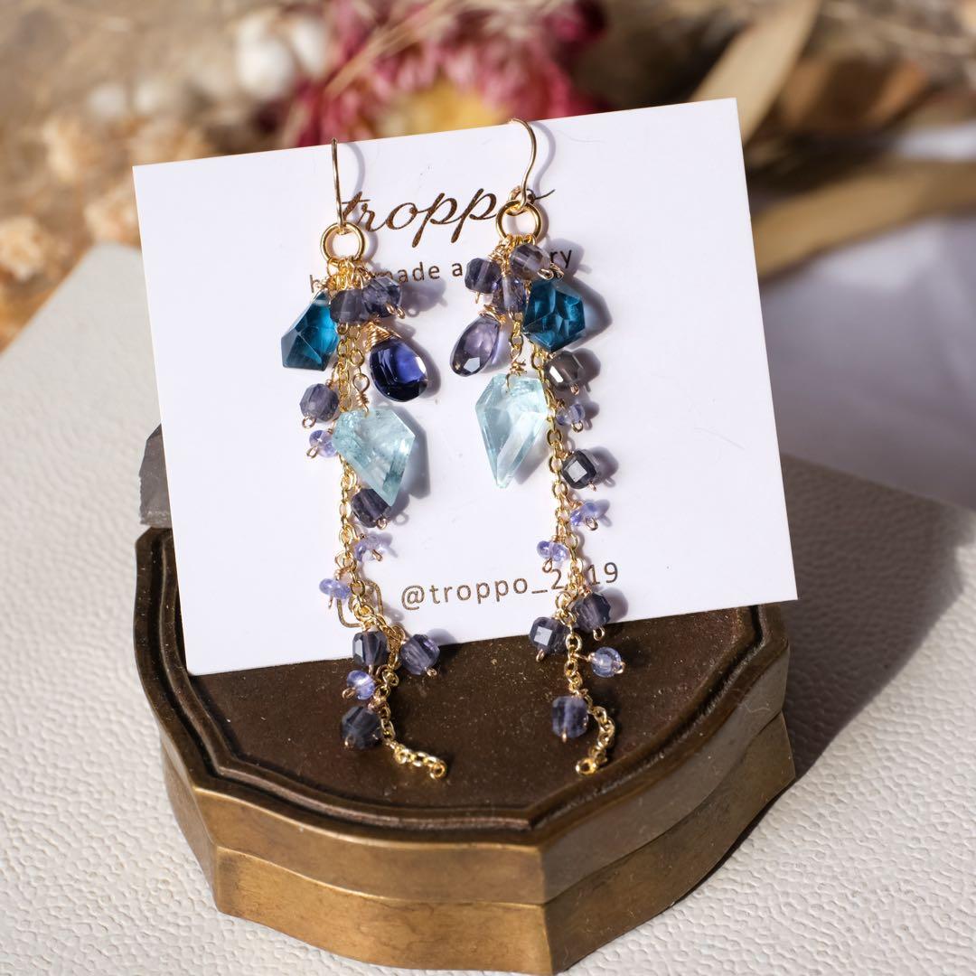 14kgfアクアマリンペンタゴン・ロンドンブルートパーズピアス/イヤリング