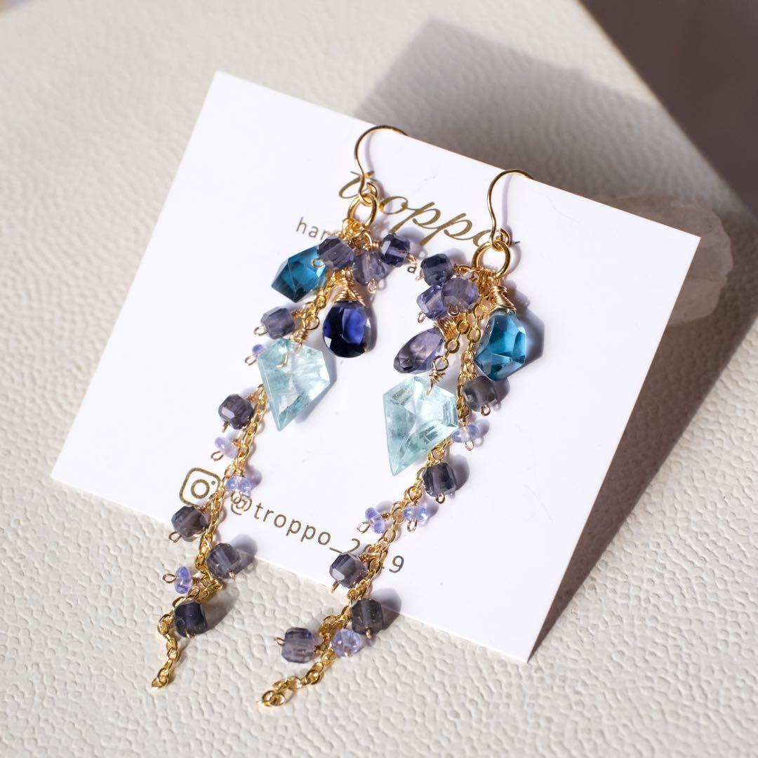 14kgfアクアマリンペンタゴン・ロンドンブルートパーズピアス/イヤリング