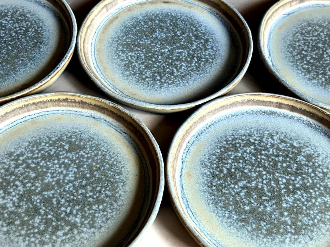 皿■青釉 銘々皿【古田英晶】美濃陶芸協会会員 5客 共箱 時代物 骨董品■