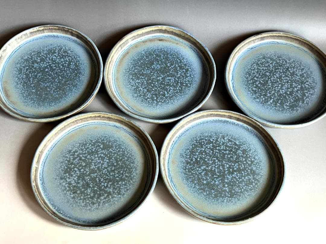 皿■青釉 銘々皿【古田英晶】美濃陶芸協会会員 5客 共箱 時代物 骨董品■