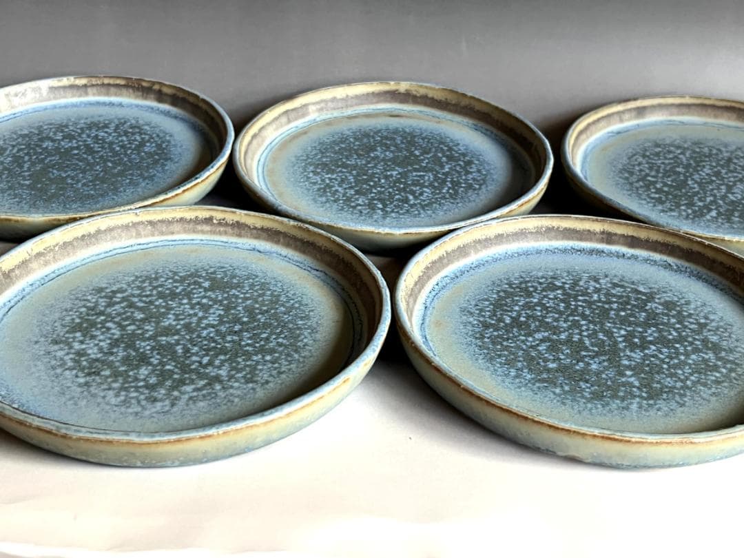 皿■青釉 銘々皿【古田英晶】美濃陶芸協会会員 5客 共箱 時代物 骨董品■
