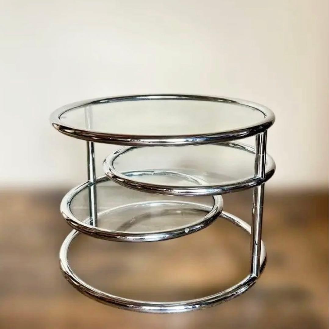 ミッドセンチュリー ガラステーブル４段 丸テーブル 可変式 モダン