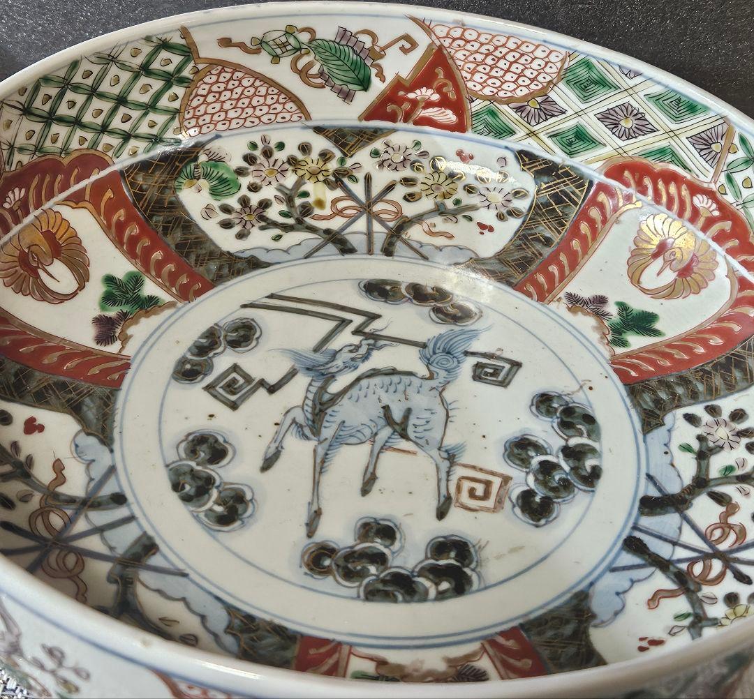 豪華絢爛　江戸時代後期　古伊万里　染錦　麒麟に宝尽し　市松文様　24.3cm大鉢
