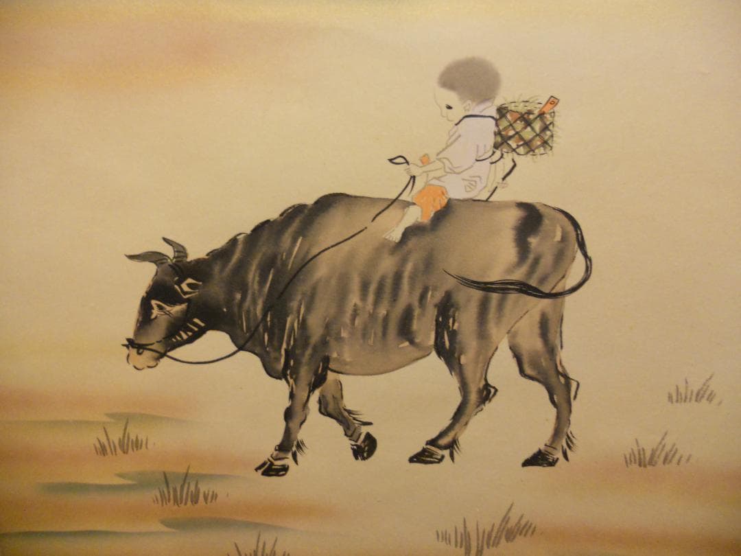 掛け軸 寿山 作『 牧童 』 絹本 希少 軸装 茶道具 掛軸 美品 です