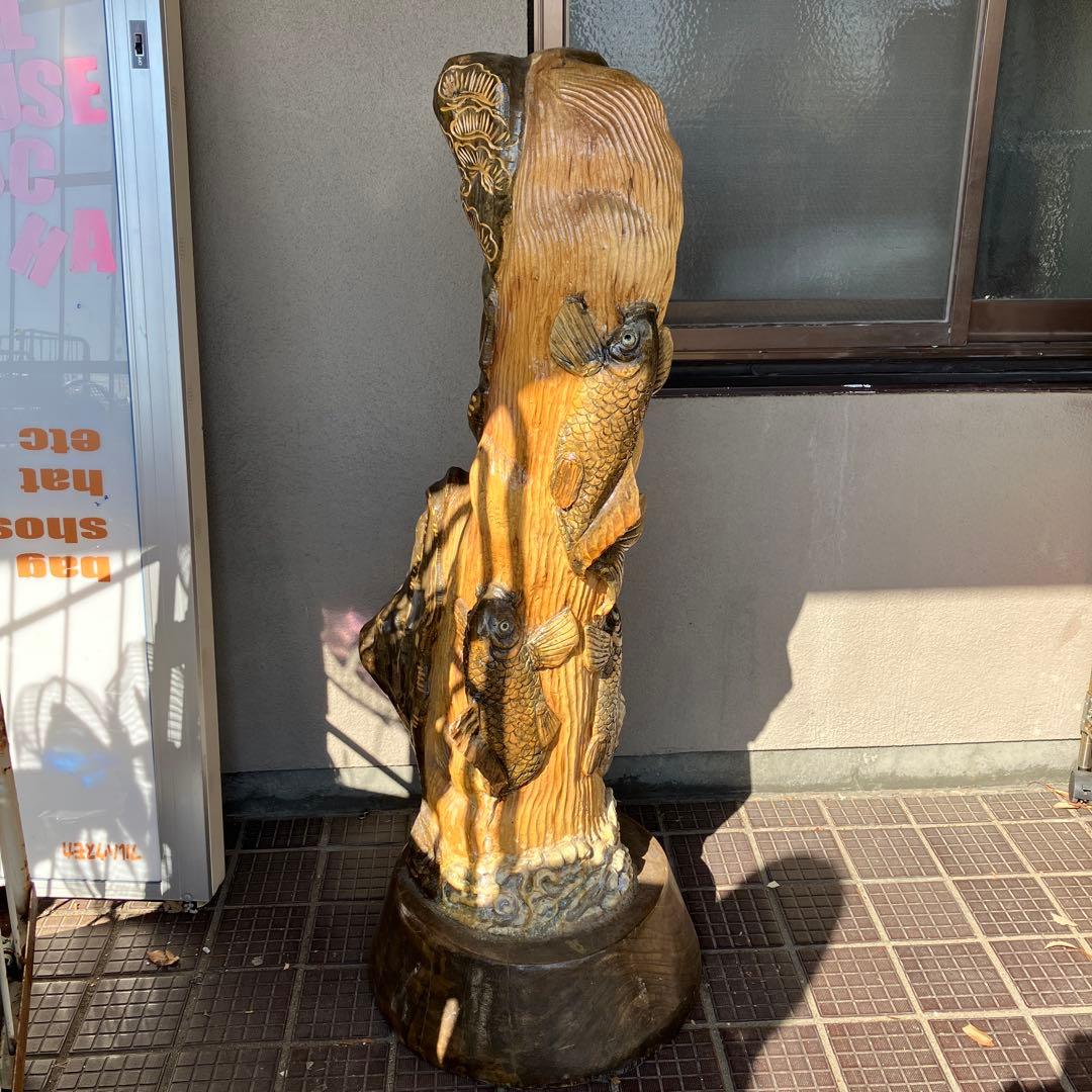 2F 昭和レトロ 特大 一刀彫 木彫り 鯉の滝登り 龍門 親子跳鯉 松竹梅