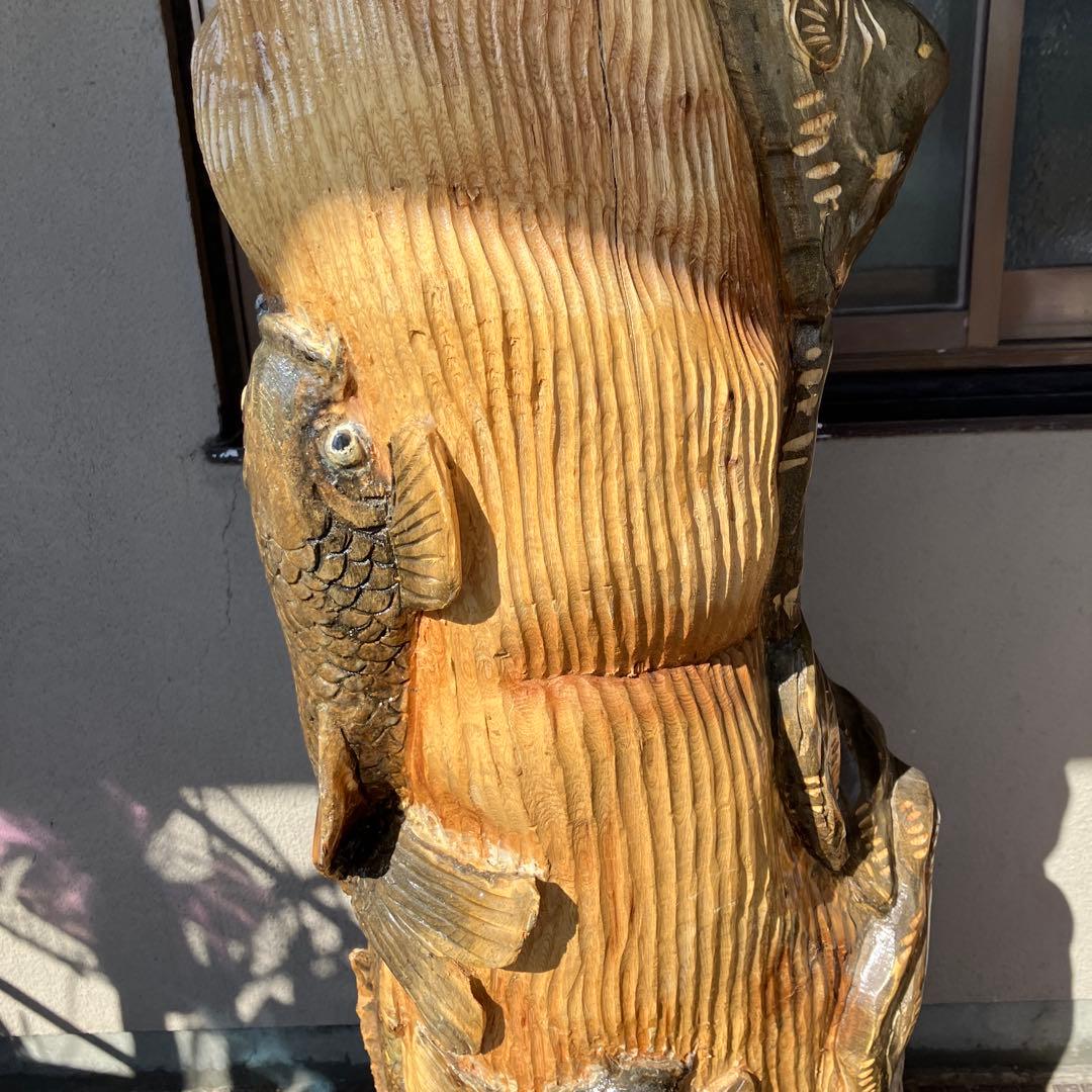 2F 昭和レトロ 特大 一刀彫 木彫り 鯉の滝登り 龍門 親子跳鯉 松竹梅