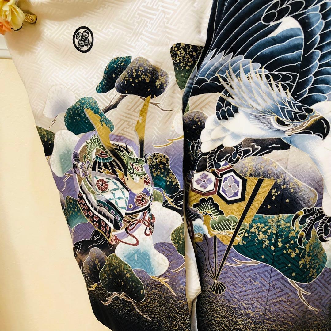 七五三五歳‼️正絹完全️フルセット‼️白地貴重豪華絢爛金彩金箔鷹、兜❤️お家からはなし