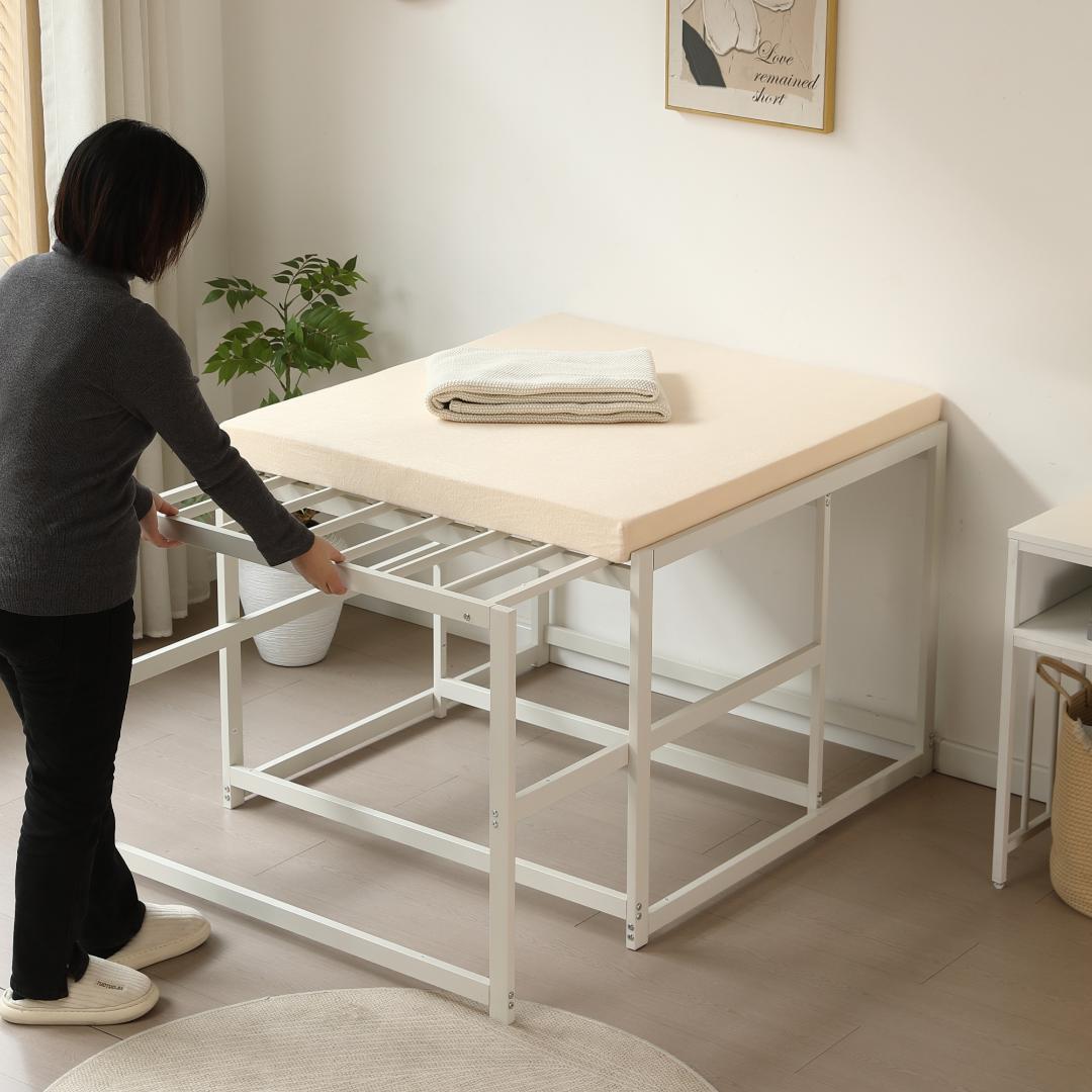 【ホワイト】高さ75cm 伸長式ベッド 高いベッド シングルベッド 伸縮 下収納