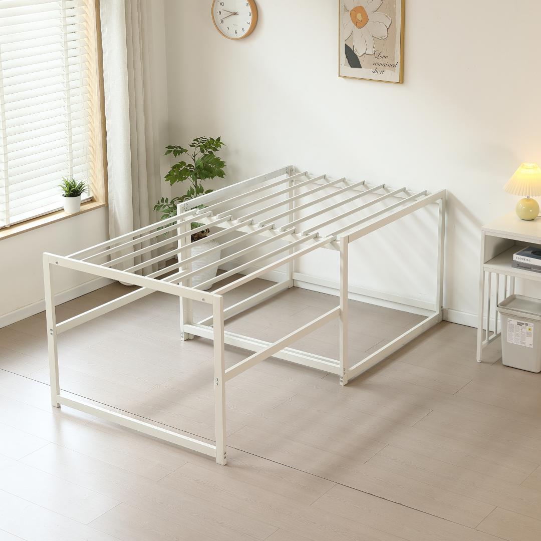 【ホワイト】高さ75cm 伸長式ベッド 高いベッド シングルベッド 伸縮 下収納