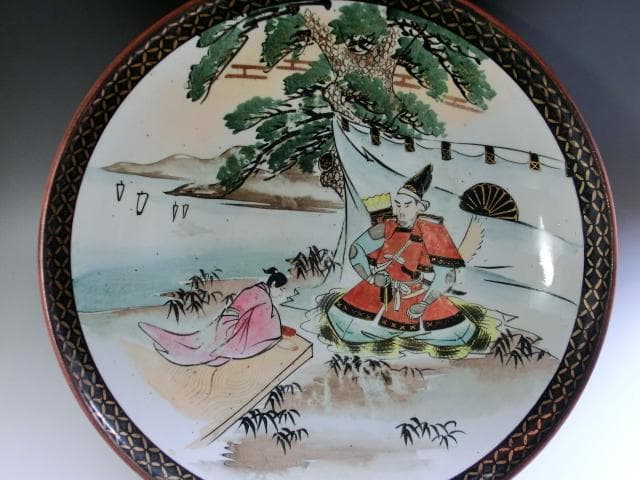 大皿●古い九谷焼き 武士 3枚セット 侍 松 侍 明治期 骨董品■40.0cm