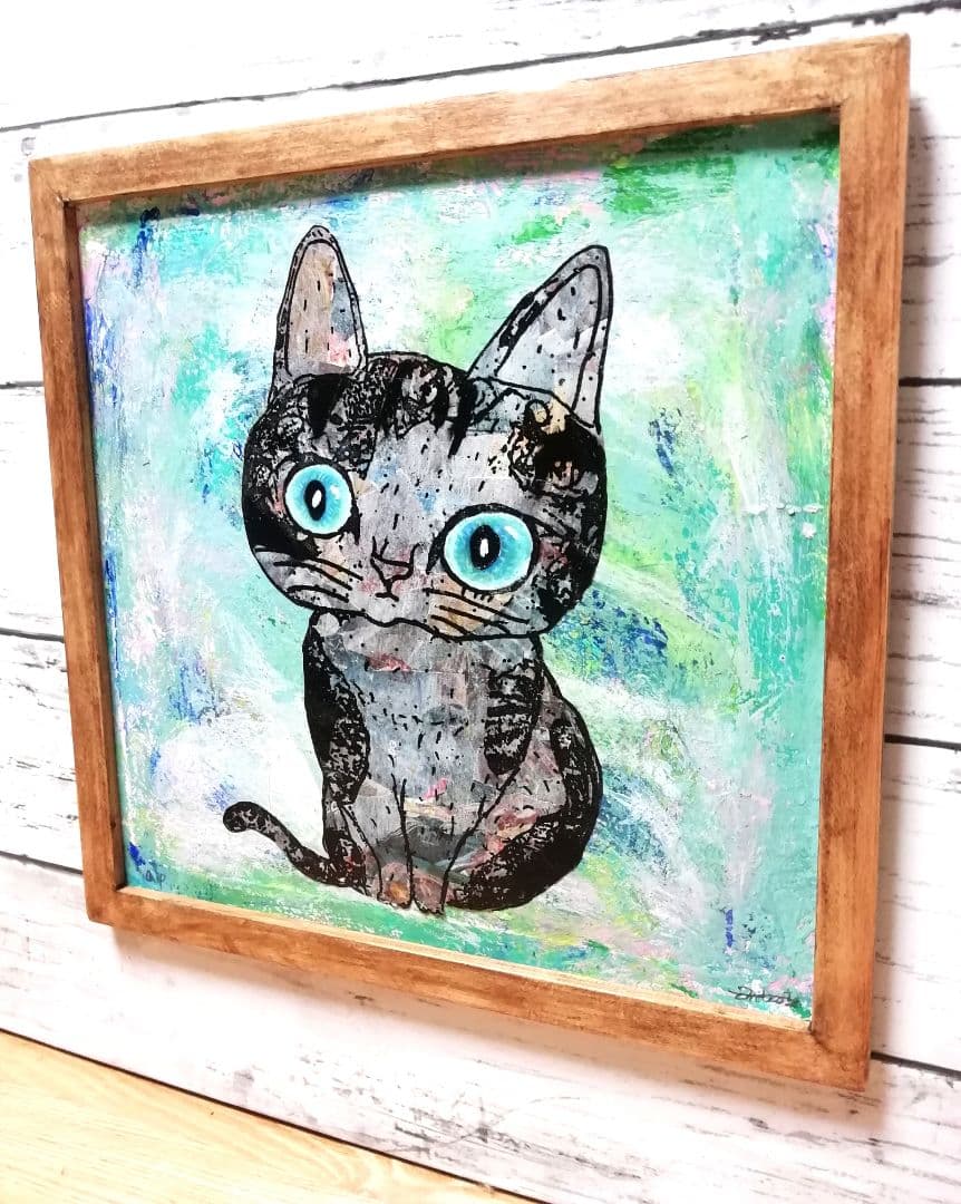 銅版画応用表現絵画　「ひらめき猫」