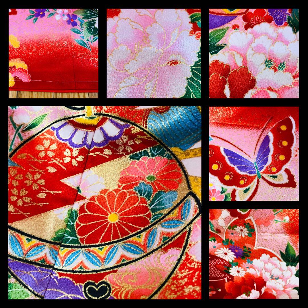 七五三七歳❣️四つ身着物光沢地未使用⭐︎赤地手毬花金彩煌びやか絢爛⭐︎完全フルセット