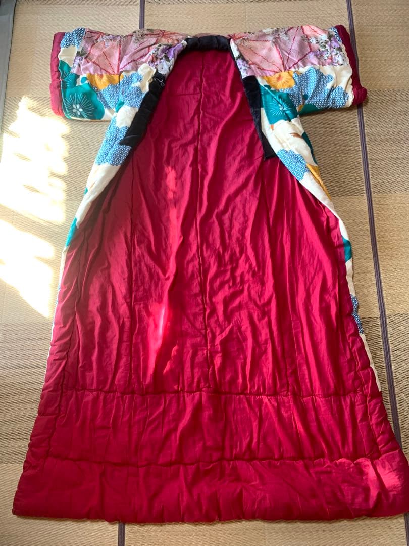 【昭和レトロ】 かいまき布団 掻巻 花柄 鮮やか 和模様 緑 梅 京都 日本製②