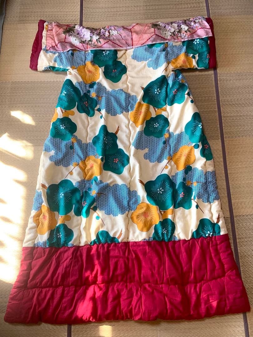 【昭和レトロ】 かいまき布団 掻巻 花柄 鮮やか 和模様 緑 梅 京都 日本製②