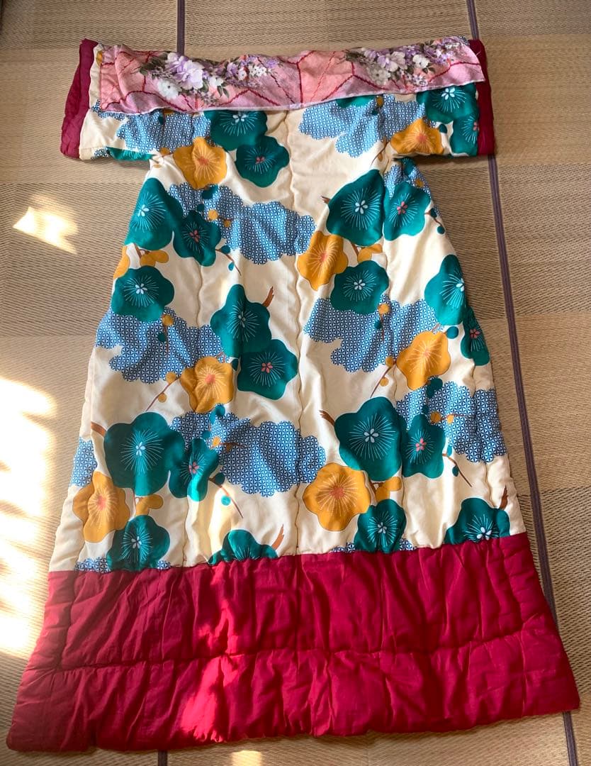 【昭和レトロ】 かいまき布団 掻巻 花柄 鮮やか 和模様 緑 梅 京都 日本製②