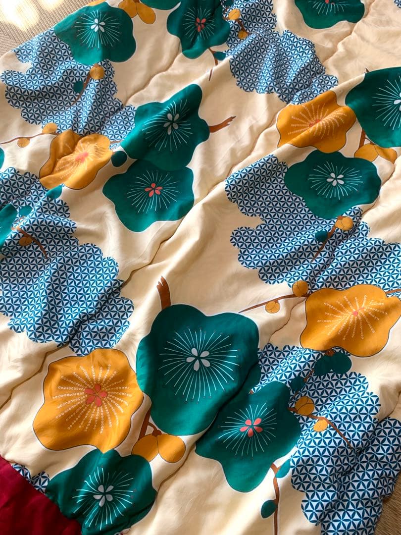 【昭和レトロ】 かいまき布団 掻巻 花柄 鮮やか 和模様 緑 梅 京都 日本製②