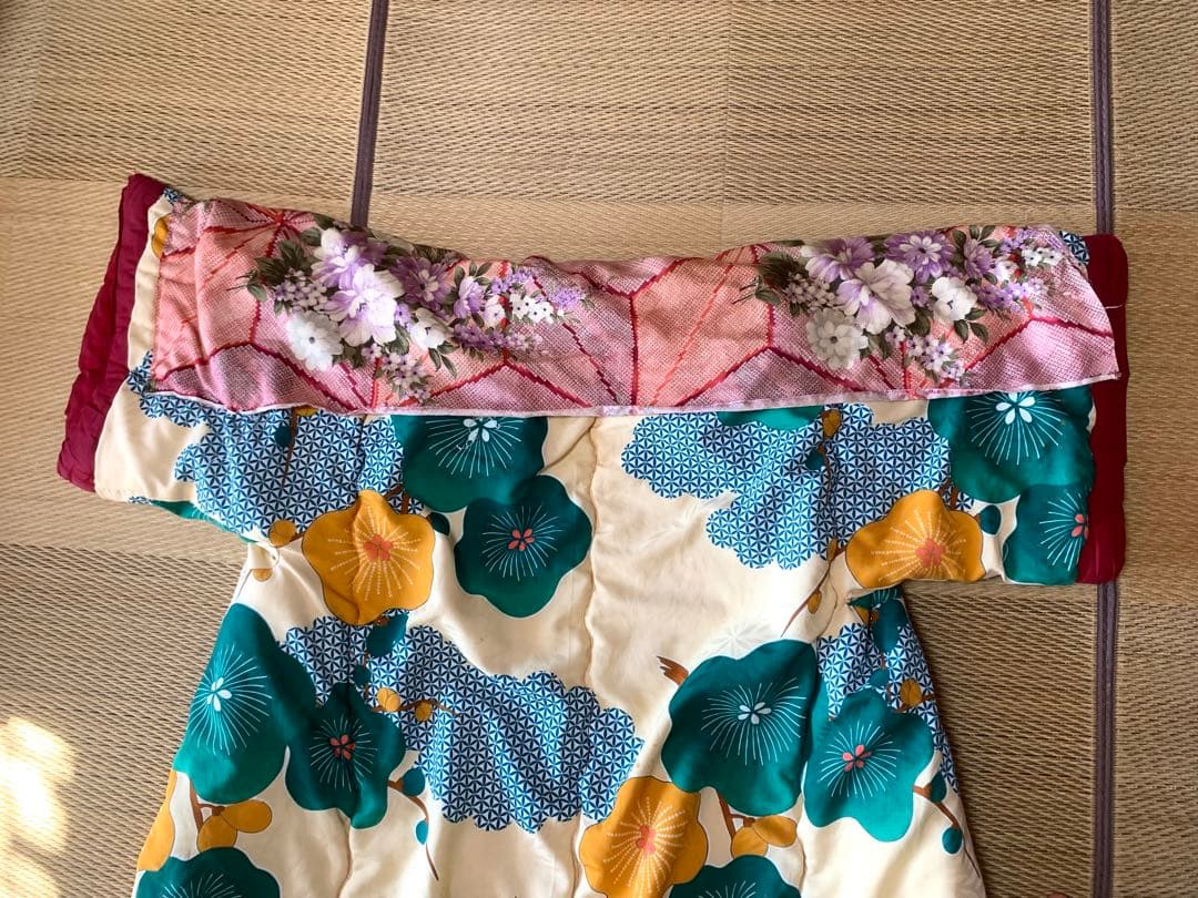 【昭和レトロ】 かいまき布団 掻巻 花柄 鮮やか 和模様 緑 梅 京都 日本製②