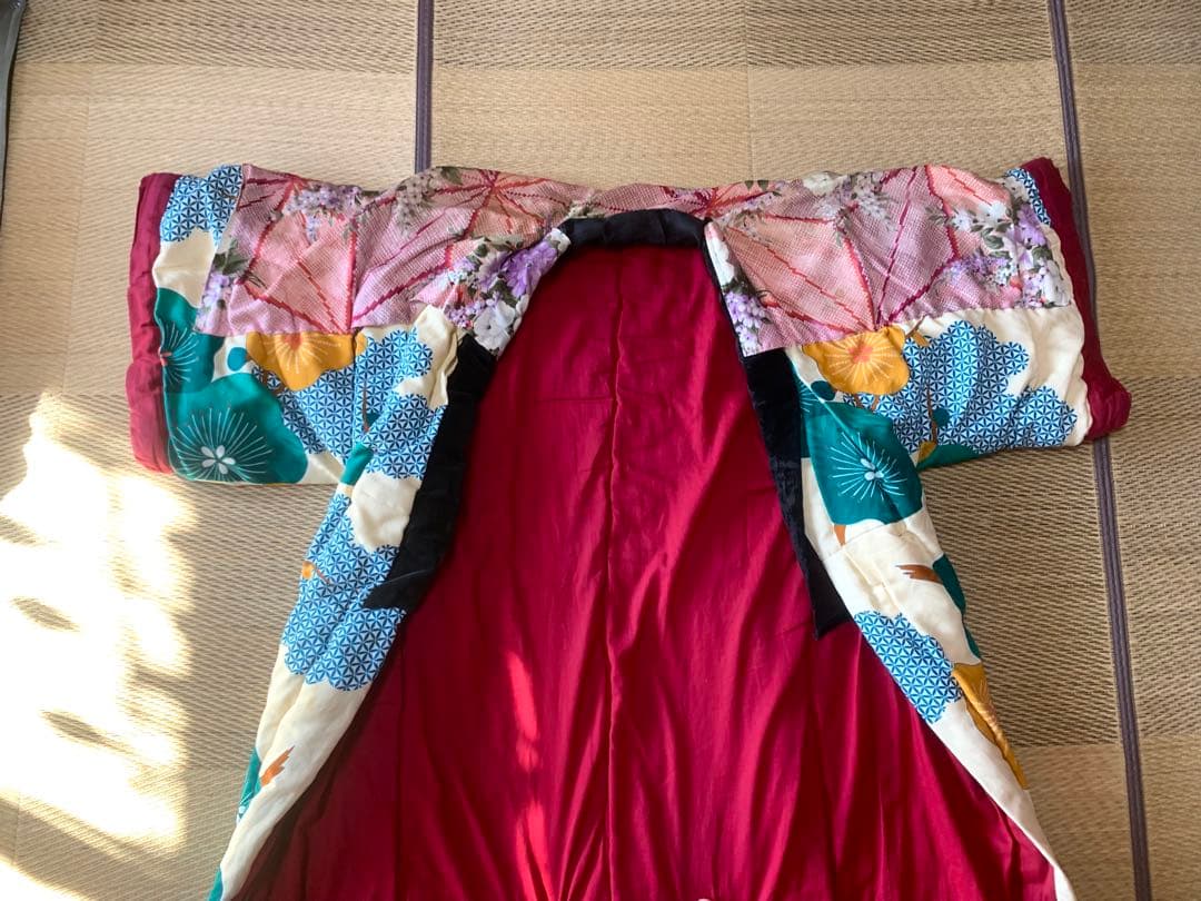 【昭和レトロ】 かいまき布団 掻巻 花柄 鮮やか 和模様 緑 梅 京都 日本製②