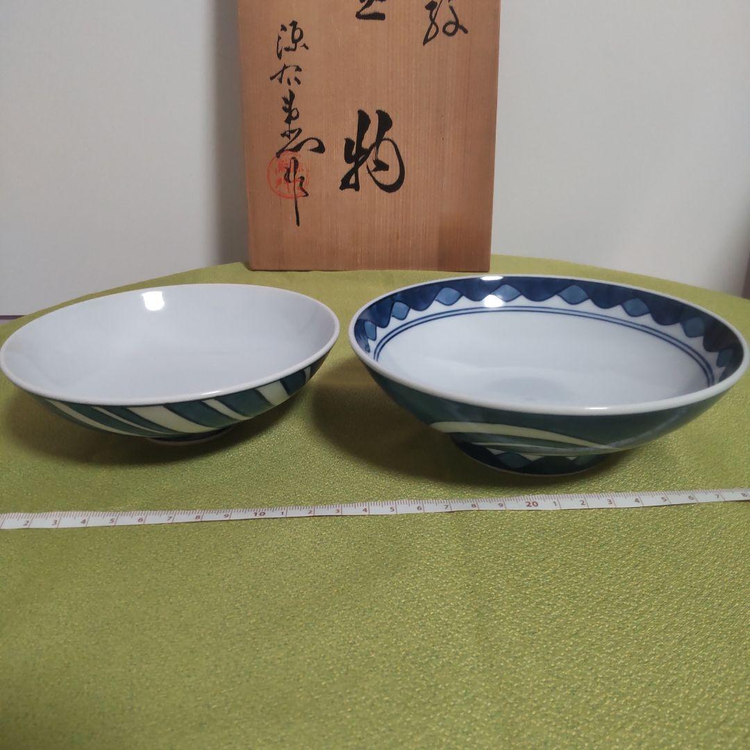 源右衛門 どんぶり 波 染付 蓋物 染錦 丼 小どん 中 6客 手描き 木箱