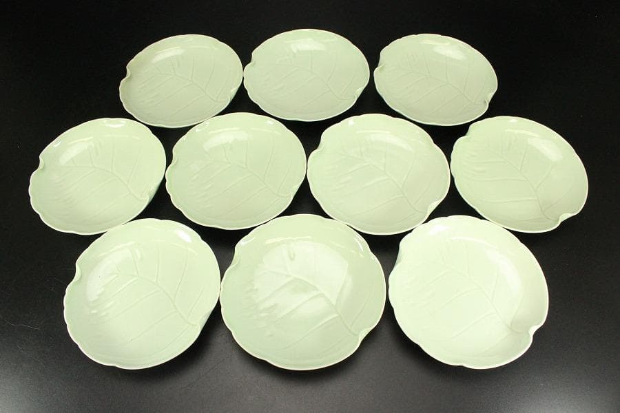 宮内省御用達 平戸 三川内焼 陽山末太朗作 青磁木の葉皿 十客共箱