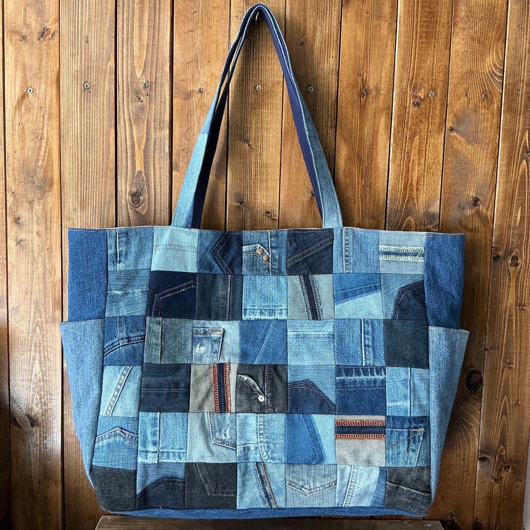 【大容量☆★】　デニム パッチワーク トートバッグ