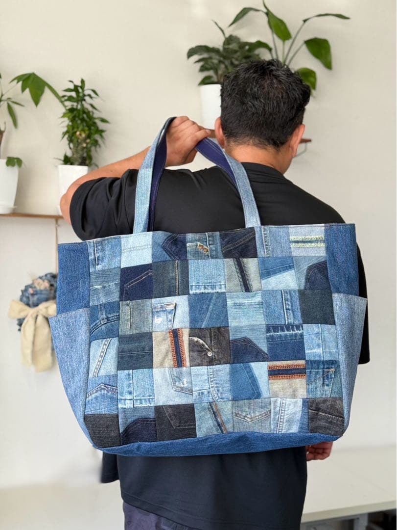 【大容量☆★】　デニム パッチワーク トートバッグ