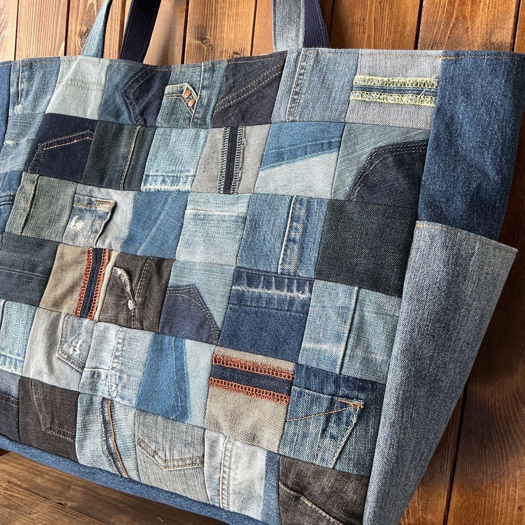 【大容量☆★】　デニム パッチワーク トートバッグ