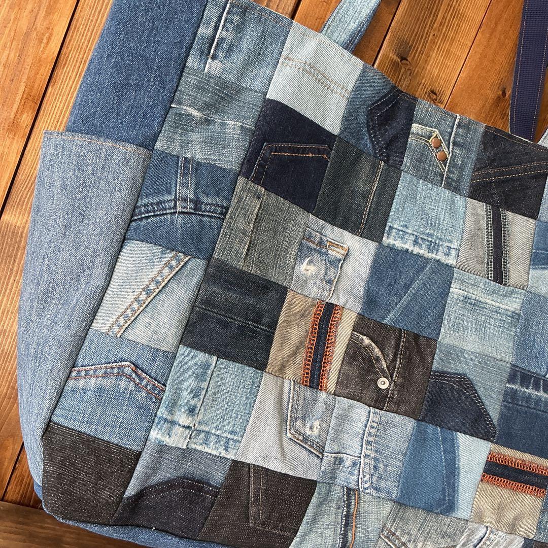 【大容量☆★】　デニム パッチワーク トートバッグ