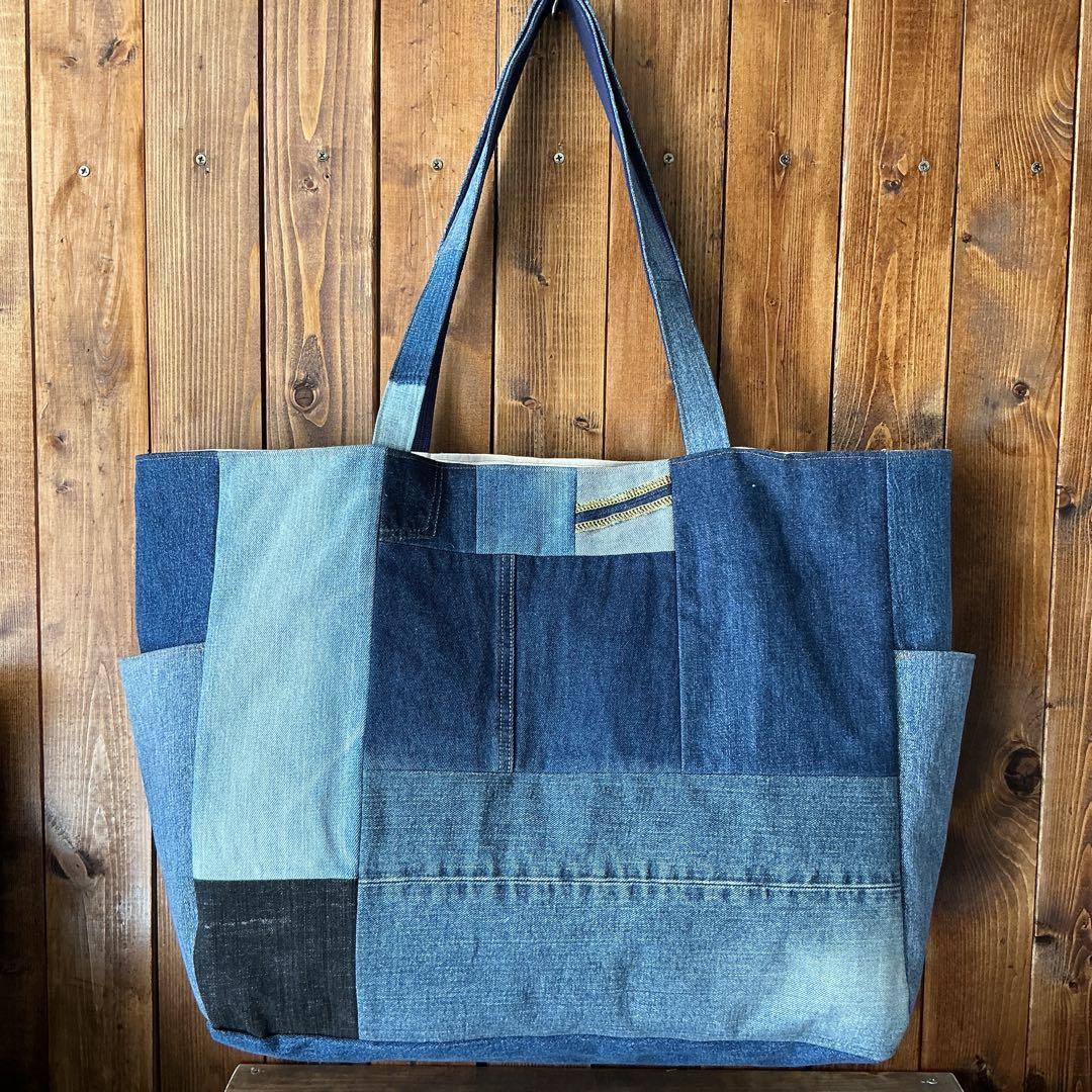 【大容量☆★】　デニム パッチワーク トートバッグ
