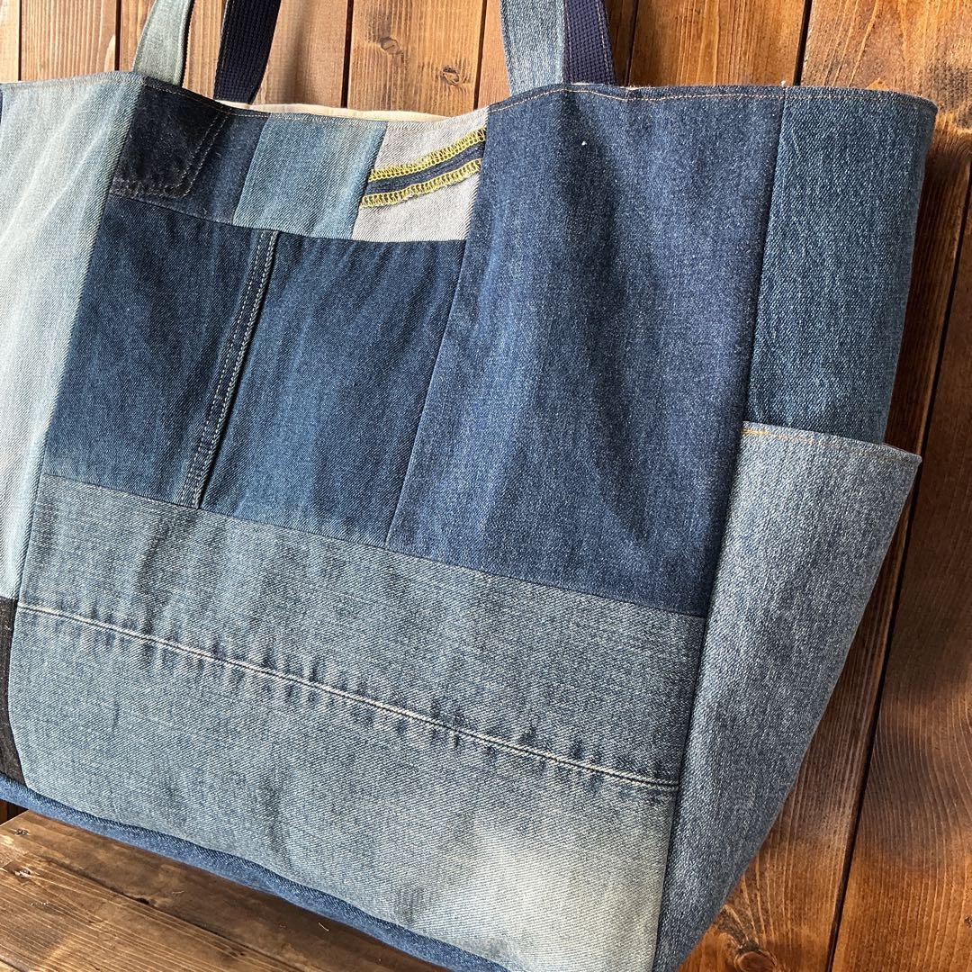【大容量☆★】　デニム パッチワーク トートバッグ