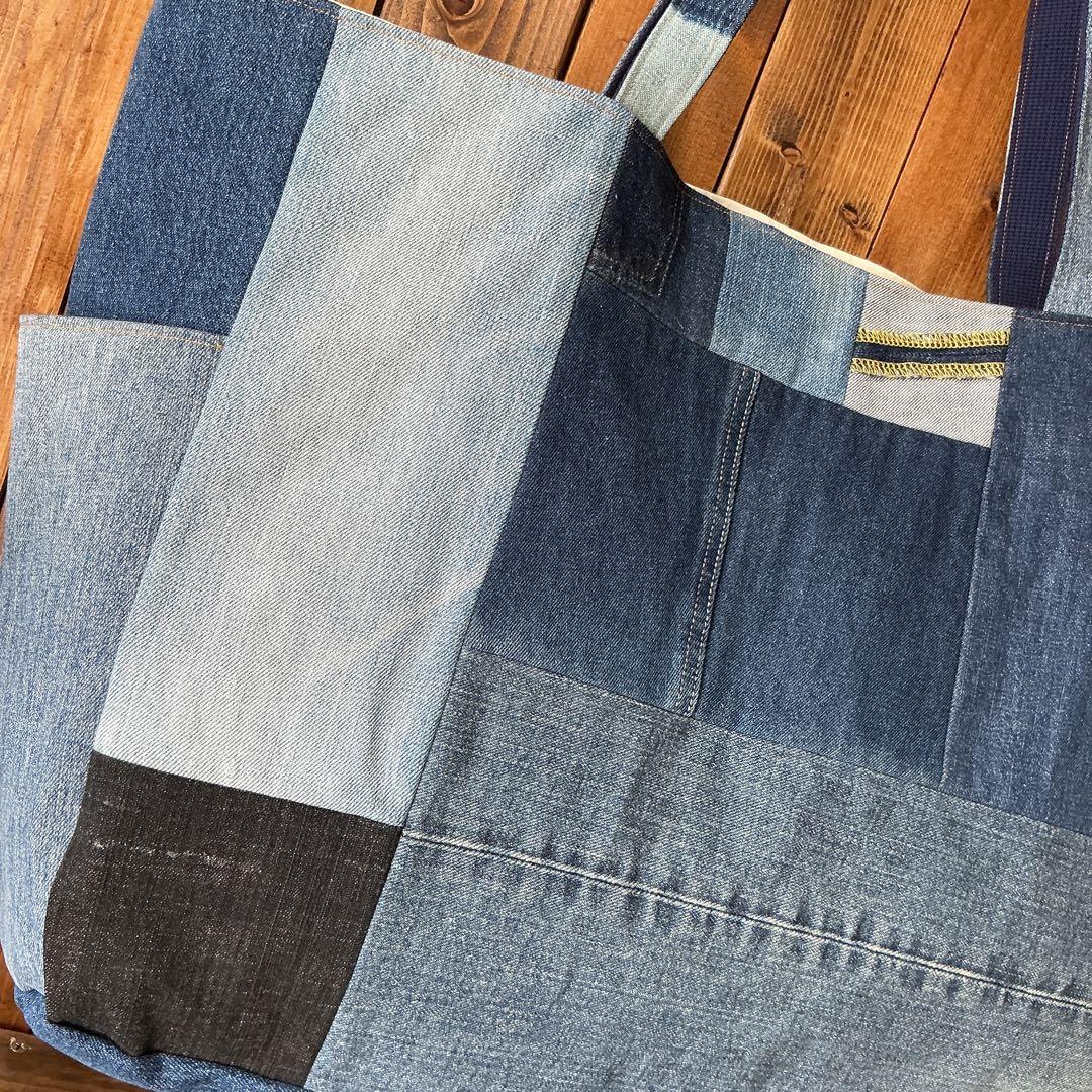 【大容量☆★】　デニム パッチワーク トートバッグ